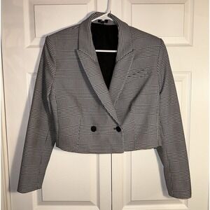 Express - Women's Clueless 90s Vintage Office Black White Plaid Cropped Blazer L